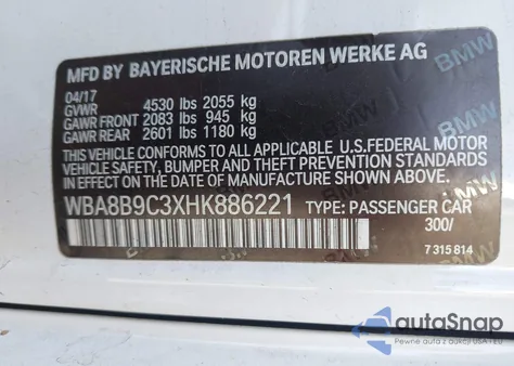 2017 BMW 330I из США, поврежденный, VIN WBA8B9C3XHK886221